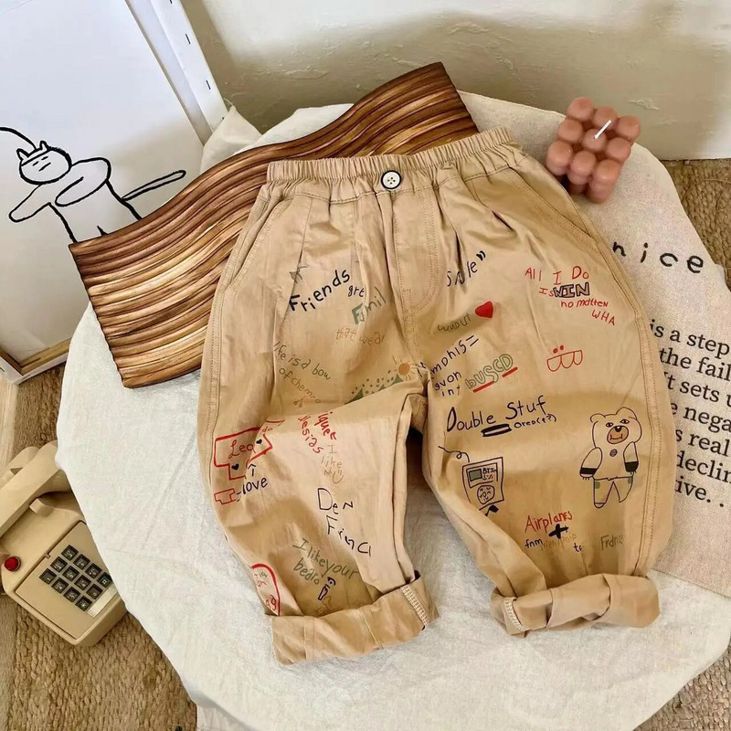Nyári új gyerekek lányok divatos graffiti nadrágok aranyos medve mintás nadrág fiúknak hárem nadrág pamut kiváló minőségű melegítőnadrág