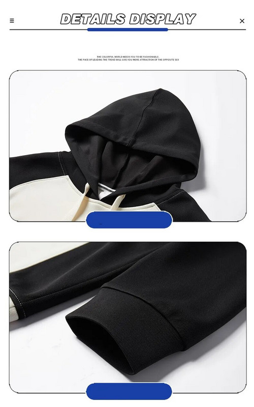 Harajuku Мъжки комплект с качулка Patchwork Colour Block Sweatshirts + Solid Pant 2 Piece Spring Autumn Loose Sport Suit Streetwear Мъжки комплекти