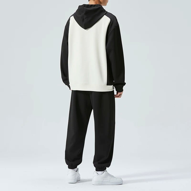 Harajuku Мъжки комплект с качулка Patchwork Colour Block Sweatshirts + Solid Pant 2 Piece Spring Autumn Loose Sport Suit Streetwear Мъжки комплекти