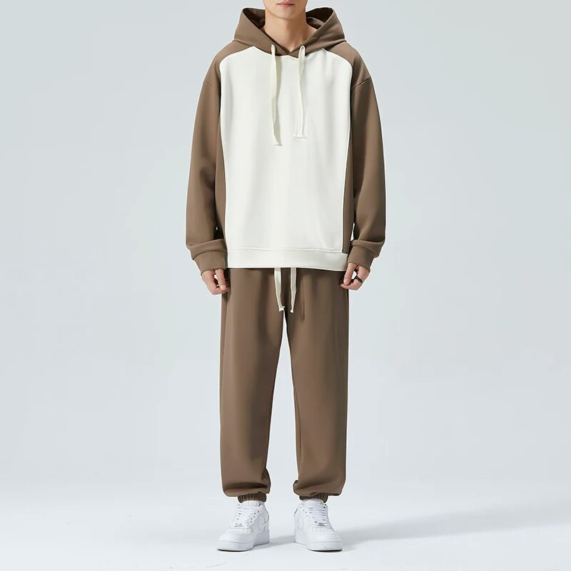 Harajuku Мъжки комплект с качулка Patchwork Colour Block Sweatshirts + Solid Pant 2 Piece Spring Autumn Loose Sport Suit Streetwear Мъжки комплекти