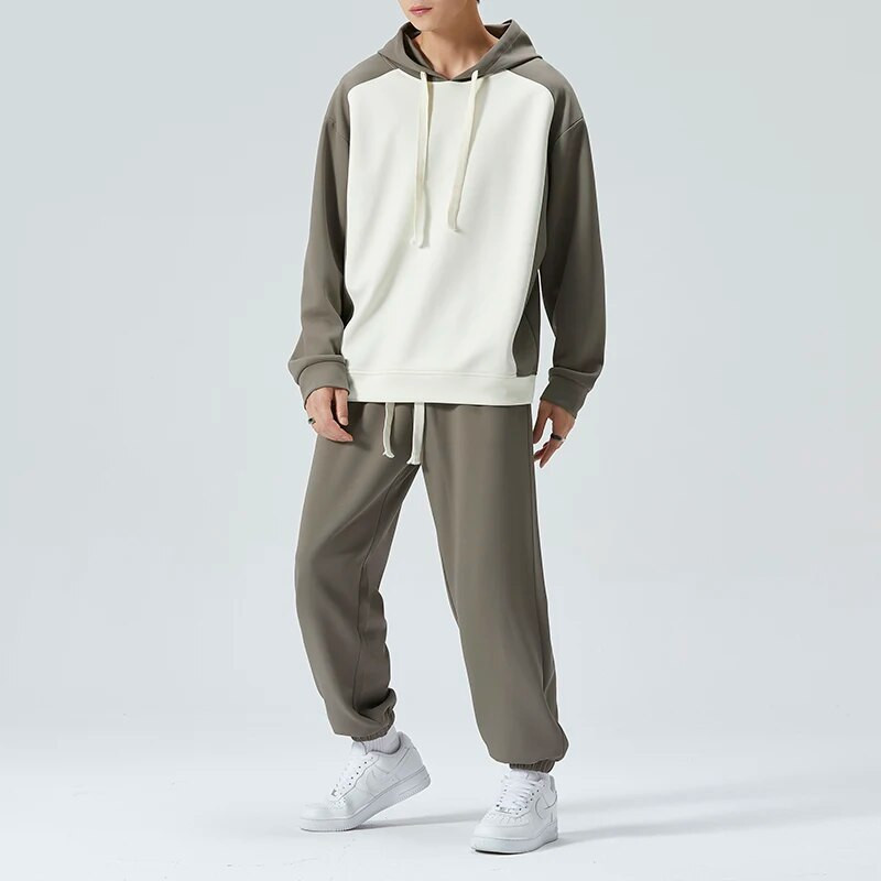 Harajuku Мъжки комплект с качулка Patchwork Colour Block Sweatshirts + Solid Pant 2 Piece Spring Autumn Loose Sport Suit Streetwear Мъжки комплекти