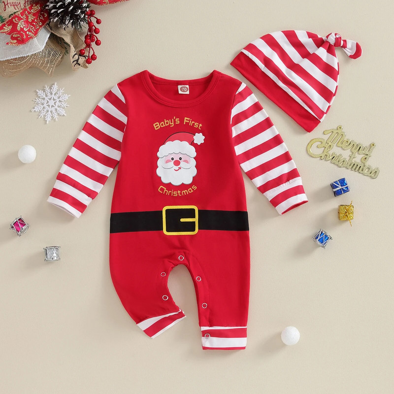 ma&baby 0-24M karácsonyi újszülött csecsemő baba lány fiú jumpsuit hosszú ujjú Mikulás csíkos mintás szőnyeg karácsonyi jelmezek ruhák D05