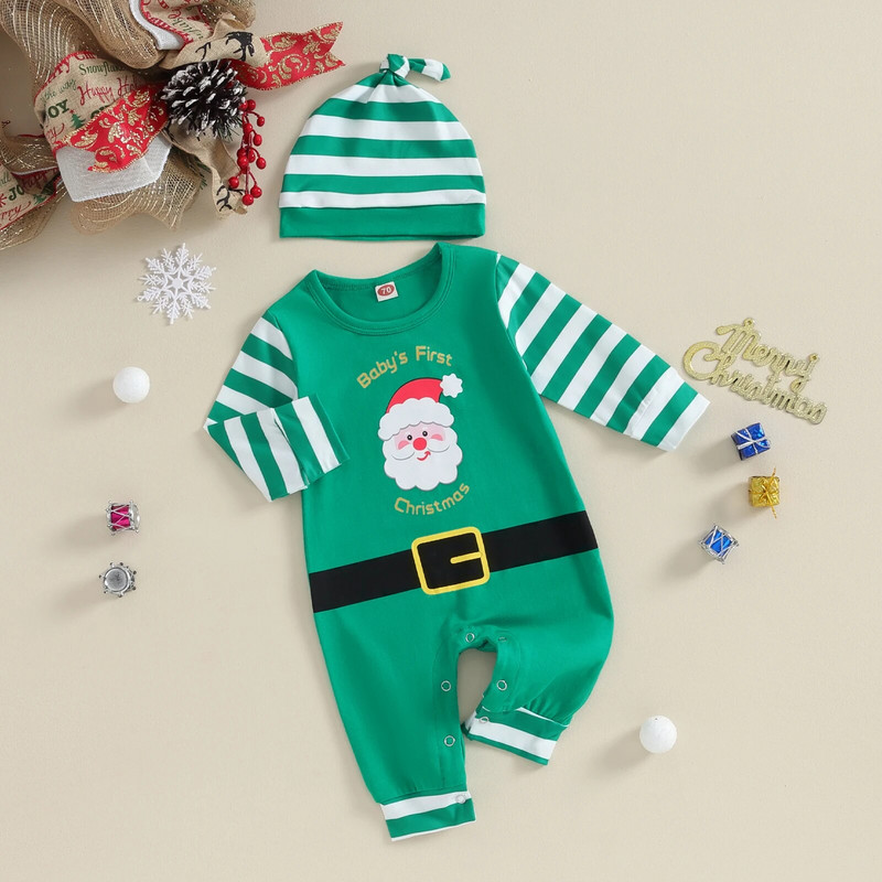 ma&baby 0-24M karácsonyi újszülött csecsemő baba lány fiú jumpsuit hosszú ujjú Mikulás csíkos mintás szőnyeg karácsonyi jelmezek ruhák D05