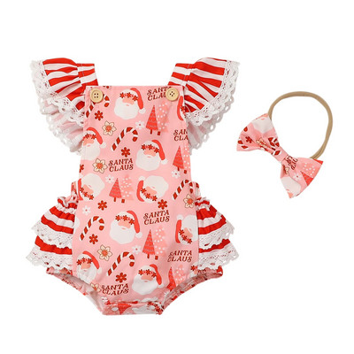 Karácsonyi újszülött csecsemő baba lány bodyk Rajzfilm Candy Cane mintás jumpsuit Overall Fejpántos karácsonyi ruhák