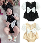 Princess Baby Girls Romper Ruhák Jumpsuitek 2 színű Patchwork Fodros Puff Sleeve Gomb Nagy Bowknot nyári Body