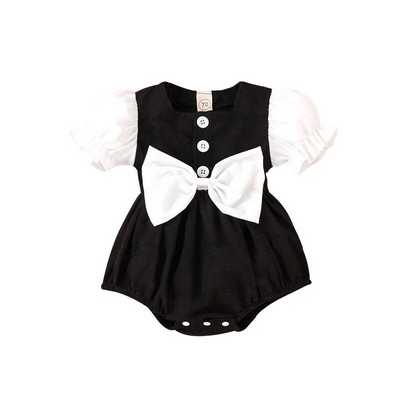 Princess Baby Girls Romper Ruhák Jumpsuitek 2 színű Patchwork Fodros Puff Sleeve Gomb Nagy Bowknot nyári Body