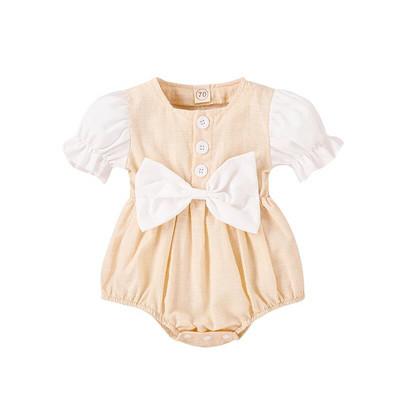 Princess Baby Girls Romper Ruhák Jumpsuitek 2 színű Patchwork Fodros Puff Sleeve Gomb Nagy Bowknot nyári Body