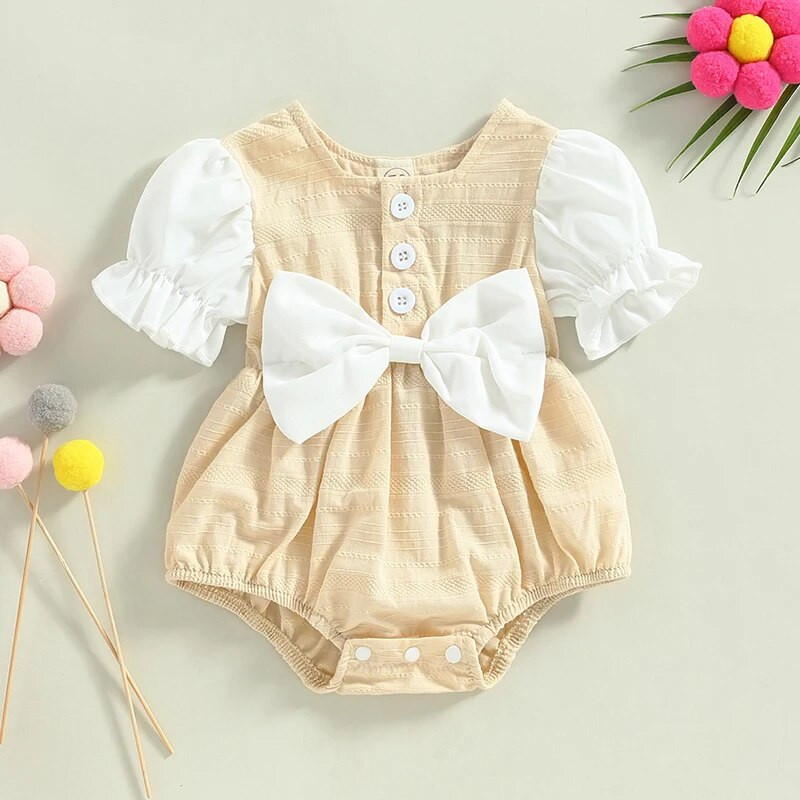 Бебешки гащеризон за момичета принцеса Гащеризони 2 цвята Пачуърк с волани с копчета с буф ръкави Лятно боди с голям бантик