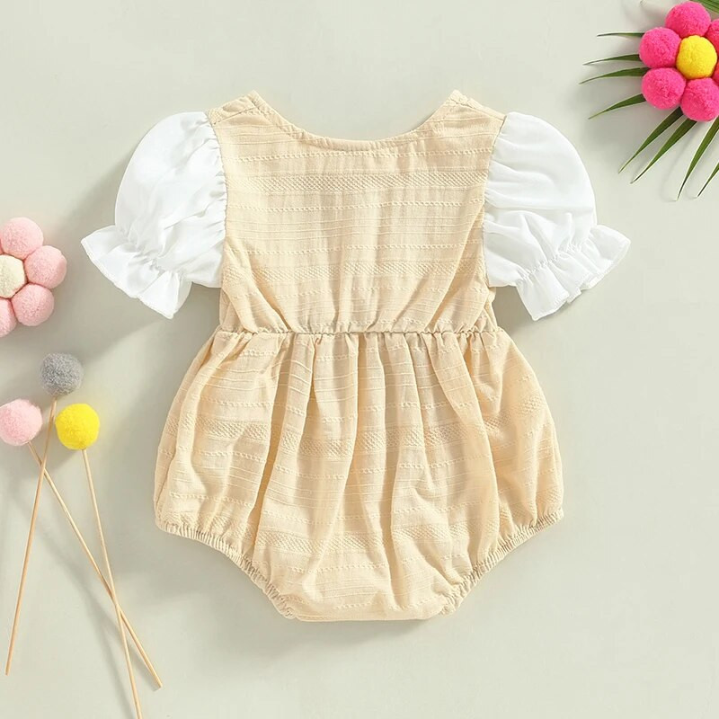Бебешки гащеризон за момичета принцеса Гащеризони 2 цвята Пачуърк с волани с копчета с буф ръкави Лятно боди с голям бантик
