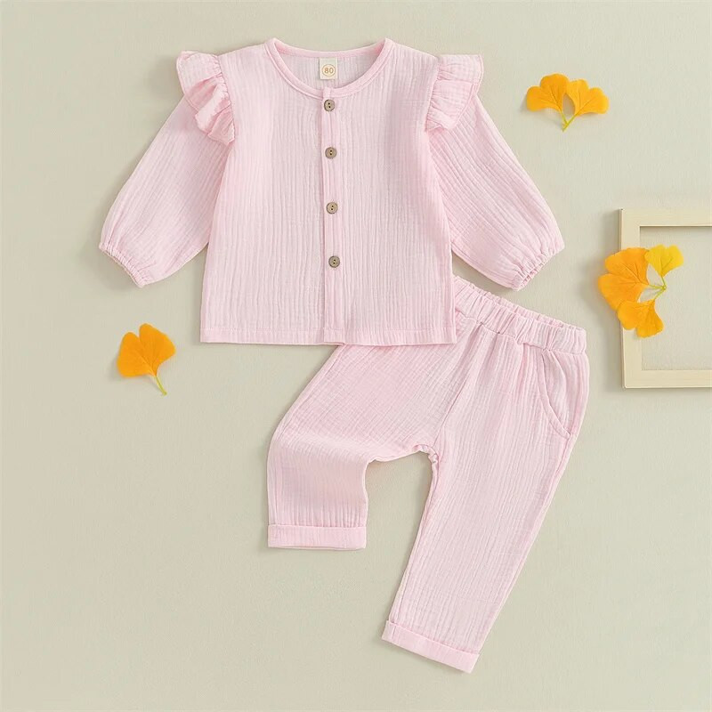 Kislányok őszi tavaszi ruhák egyszínű csecsemők légy hosszú ujjú legombolható felsők Rugalmas deréknadrág szett alkalmi ruhák