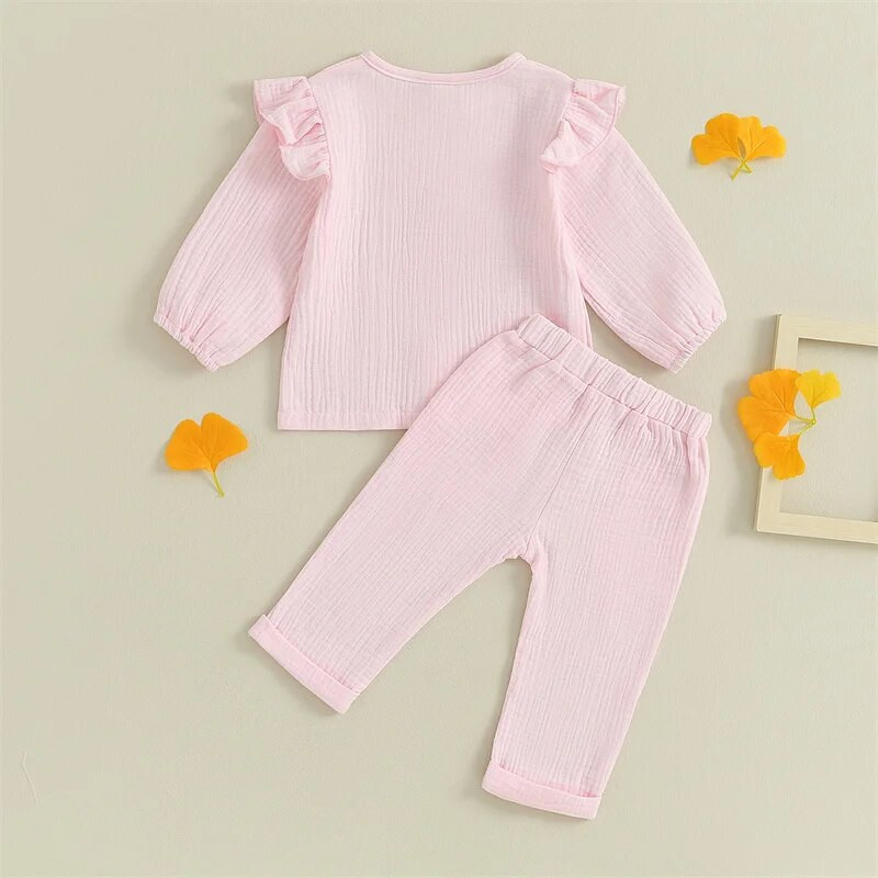 Kislányok őszi tavaszi ruhák egyszínű csecsemők légy hosszú ujjú legombolható felsők Rugalmas deréknadrág szett alkalmi ruhák