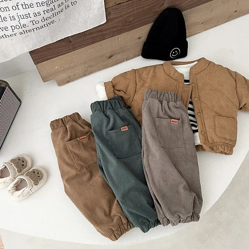 Fiú Gyermek plusz bársony kordbársony nadrág őszi téli ruhák Retro szolid lány baba alkalmi nadrág újszülött polár vastag nadrág