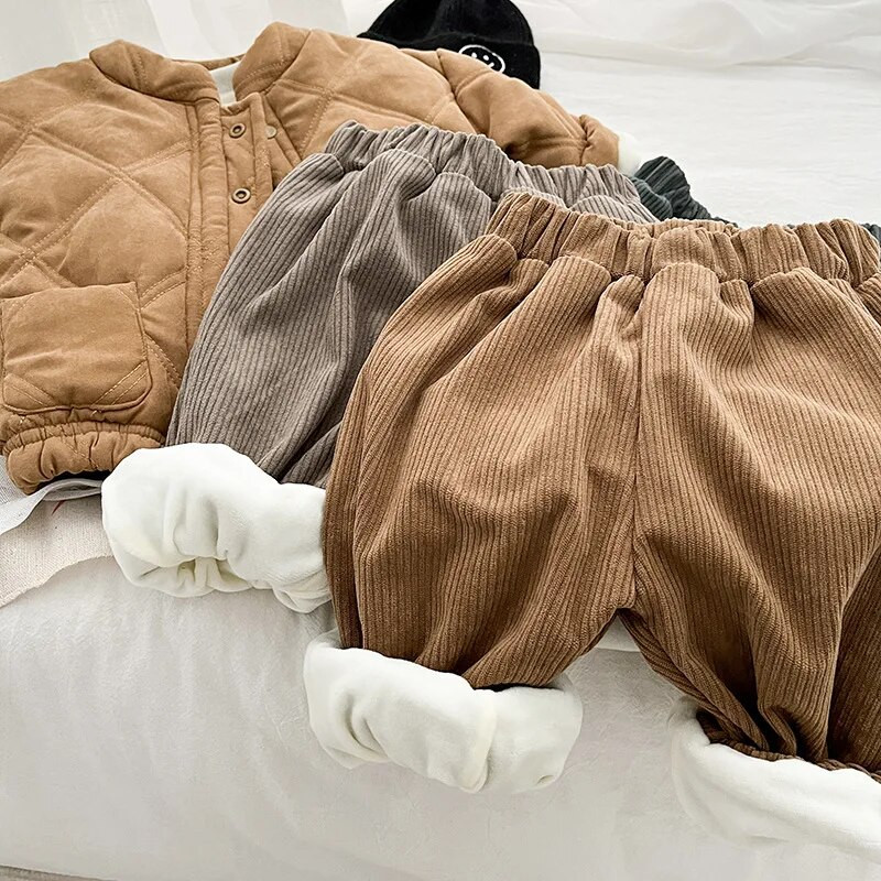 Fiú Gyermek plusz bársony kordbársony nadrág őszi téli ruhák Retro szolid lány baba alkalmi nadrág újszülött polár vastag nadrág