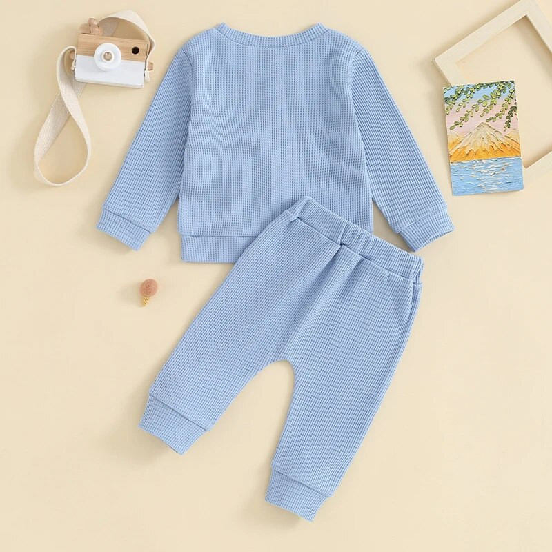 Babanadrág szett egyszínű gofri 2 részes kisgyermek fiú lány lány hosszú ujjú, nyakú pulóver felsők elasztikus deréknadrággal