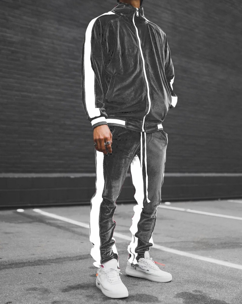 2 részes szett tréningruha férfi tavaszi őszi csíkos dzsekik pulóverek + zsebnadrágok alkalmi arany bársony öltöny sport kocogó szett