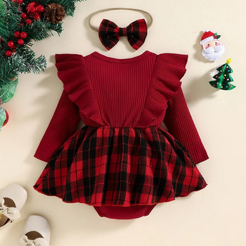Коледно момиче, червен гащеризон, новородено, бебе, плетена волана, панделка с дълги ръкави, кариран принт Коледни костюми