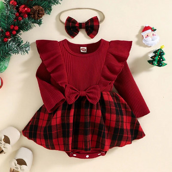 Χριστουγεννιάτικο κορίτσι Κόκκινο Romper Νεογέννητο μωρό πλεκτό βολάν με μακρυμάνικο φιόγκο Φιόγκο καρό Χριστουγεννιάτικες στολές