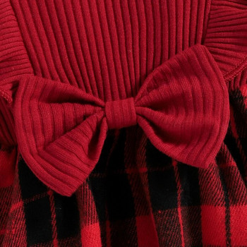 Коледно момиче, червен гащеризон, новородено, бебе, плетена волана, панделка с дълги ръкави, кариран принт Коледни костюми