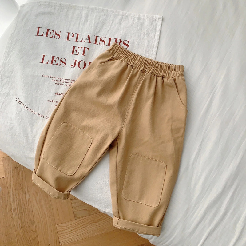 Детски джобове с кръпки Свободни плътни семпли ежедневни панталони Есенни детски екипи Момче Момиче Бебе 100% памук Модни панталони с широки крачоли