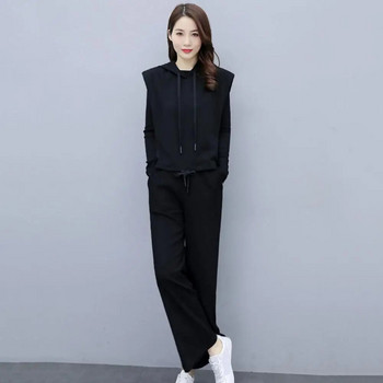 Γυναικείο κοστούμι Κομψό γυναικείο σετ τριών τεμαχίων Μαύρο γιλέκο με κουκούλα Παλτό Παντελόνι με φαρδύ πόδι ελαστική μέση για αθλητικά ρούχα γραφείου