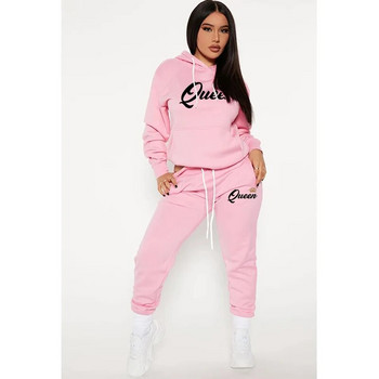 Lover Анцуг King Queen Printed Solid Color Hoodie + Jogging Pants Sets Men Women Sports Kit Висококачествен анцуг за двойка