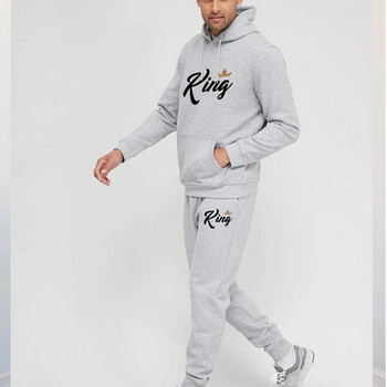 Lover Анцуг King Queen Printed Solid Color Hoodie + Jogging Pants Sets Men Women Sports Kit Висококачествен анцуг за двойка