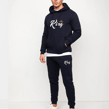 Lover Анцуг King Queen Printed Solid Color Hoodie + Jogging Pants Sets Men Women Sports Kit Висококачествен анцуг за двойка