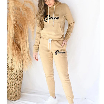 Lover Анцуг King Queen Printed Solid Color Hoodie + Jogging Pants Sets Men Women Sports Kit Висококачествен анцуг за двойка