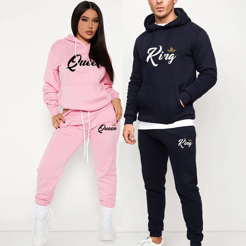 Trening Lover King Queen imprimat cu glugă solidă + Seturi de pantaloni de jogging Bărbați Femei Kit sport Trening pentru cuplu de înaltă calitate