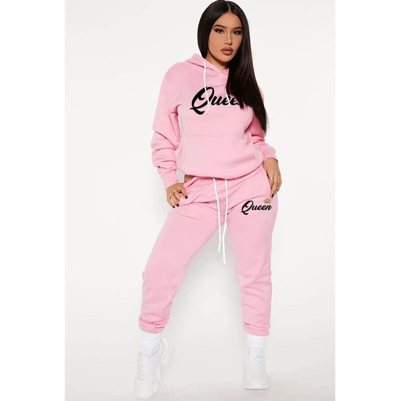 Trening Lover King Queen imprimat cu glugă solidă + Seturi de pantaloni de jogging Bărbați Femei Kit sport Trening pentru cuplu de înaltă calitate