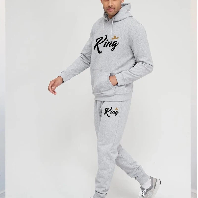 Trening Lover King Queen imprimat cu glugă solidă + Seturi de pantaloni de jogging Bărbați Femei Kit sport Trening pentru cuplu de înaltă calitate