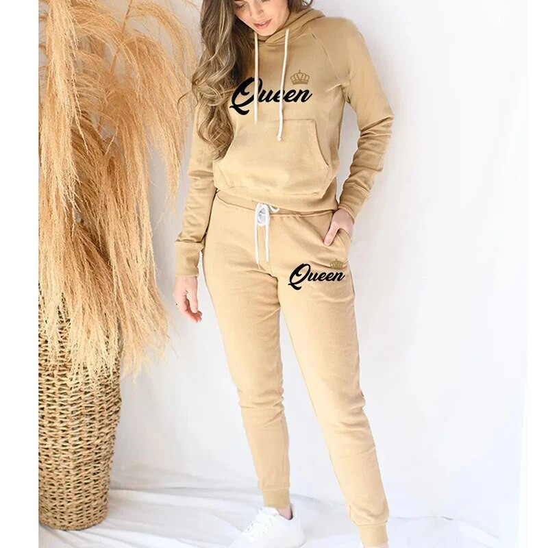 Trening Lover King Queen imprimat cu glugă solidă + Seturi de pantaloni de jogging Bărbați Femei Kit sport Trening pentru cuplu de înaltă calitate