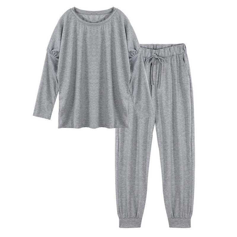 Пролет Есен 2 бр. Дамски чист цветен ежедневен спортен костюм Тениска с кръгло деколте и дълги ръкави Панталони Облекло за свободното време за бягане Фитнес