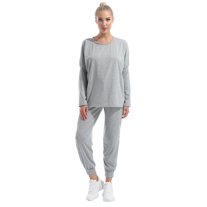 Пролет Есен 2 бр. Дамски чист цветен ежедневен спортен костюм Тениска с кръгло деколте и дълги ръкави Панталони Облекло за свободното време за бягане Фитнес