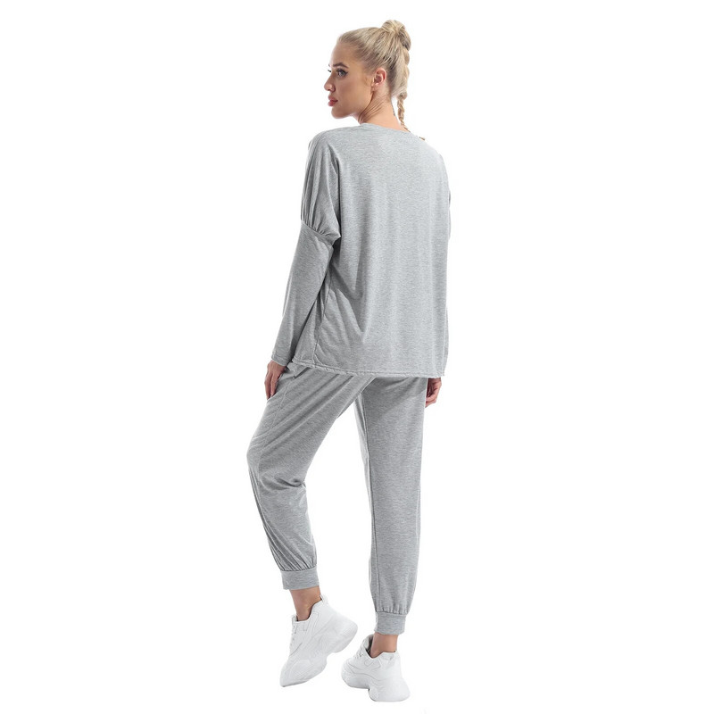 Пролет Есен 2 бр. Дамски чист цветен ежедневен спортен костюм Тениска с кръгло деколте и дълги ръкави Панталони Облекло за свободното време за бягане Фитнес