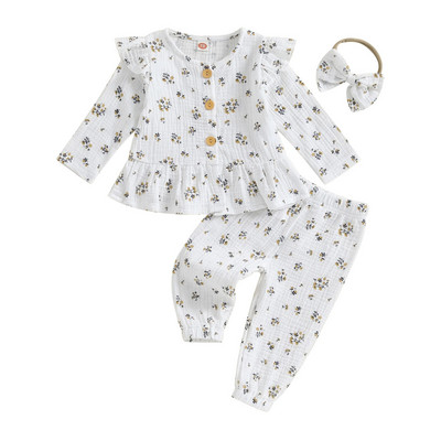 Baby girls Sweet Floral print 3 τμχ Φθινοπωρινά ανοιξιάτικα σετ ρούχων για νήπια Fly μακρυμάνικο μπλουζάκια + παντελόνι με κορδέλα