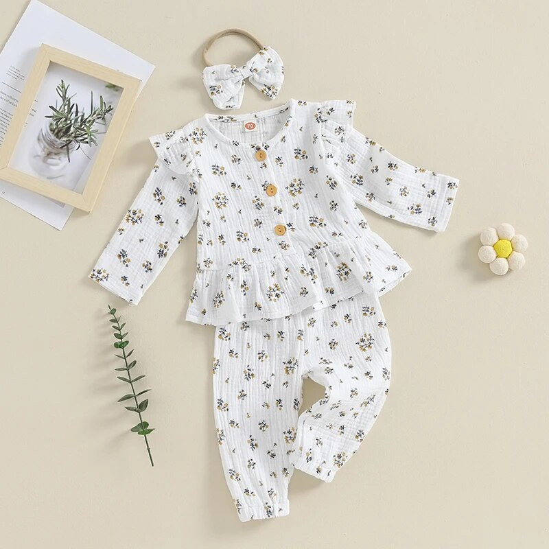 Бебешки момичета Сладък флорален принт 3 бр. Есенно-пролетен комплект дрехи Горнища с копчета за малки деца Fly с дълъг ръкав + панталони с лента за глава