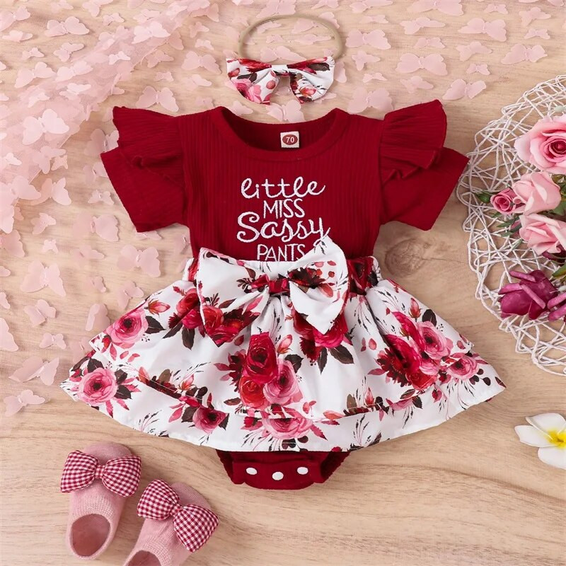 Csecsemő újszülött kislány nyári nadrágtartó rövid ujjú, kerek nyakú masnival elöl Patchwork szoknya Body