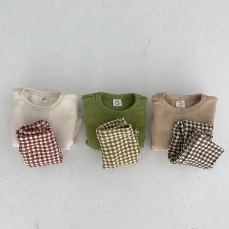 Детски комплект дрехи Момчета Момичета Топ с дълги ръкави Карирани панталони Детско облекло Корейски памучен бебешки анцуг 2 бр. Спорт за бебета