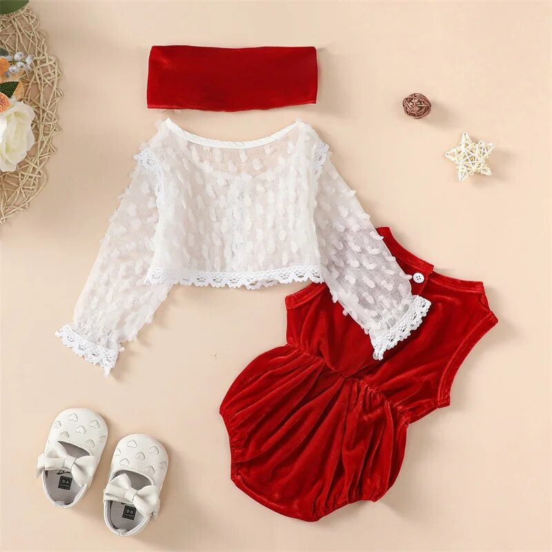 Karácsonyi ruhák ruhák kislány bársony ujjatlan nadrág és hálós hosszú ujjú kardigán fejpánt 3 db