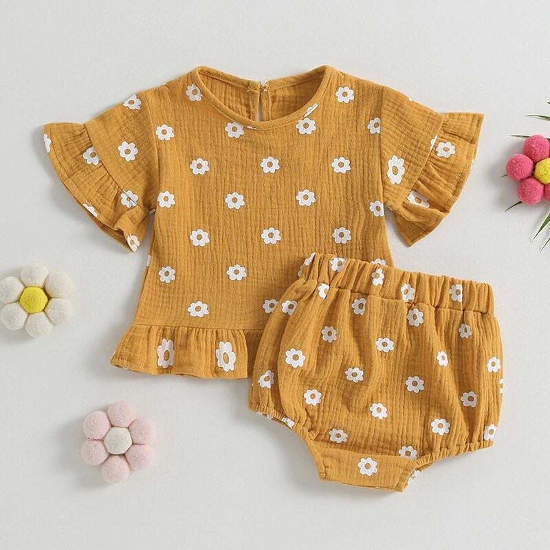 Летни тоалети за момиченца, къси ръкави и кръгло деколте, флорални горнища + комплект къси панталони за бебета, бебешки дрехи