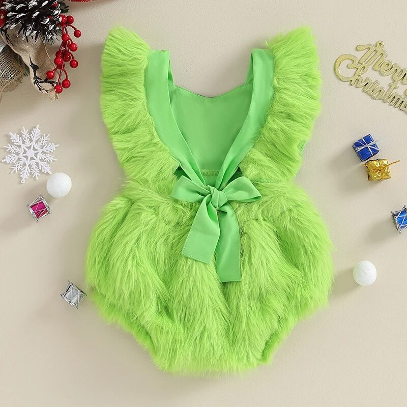 Kislányok alsónadrág karácsonyi ruhák szív mintás zöld szőr patchwork légy ujjú tipegő bodyk hát nélküli csecsemő kombiné