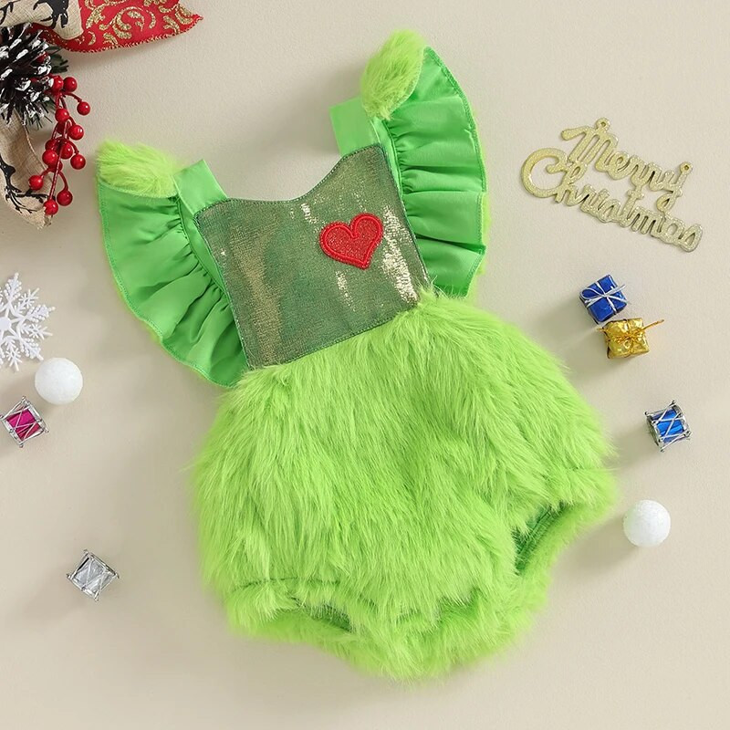 Kislányok alsónadrág karácsonyi ruhák szív mintás zöld szőr patchwork légy ujjú tipegő bodyk hát nélküli csecsemő kombiné