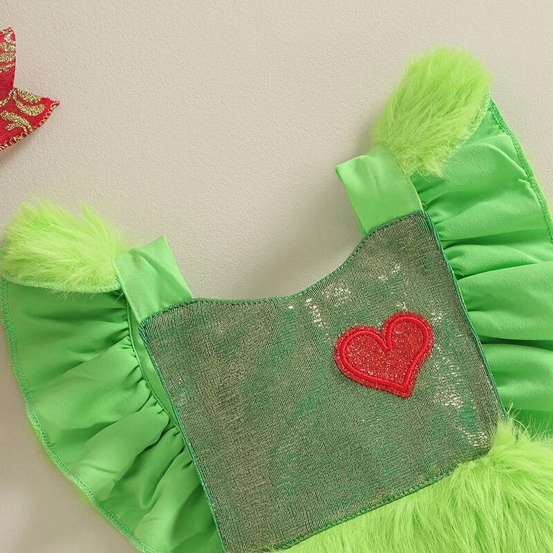 Kislányok alsónadrág karácsonyi ruhák szív mintás zöld szőr patchwork légy ujjú tipegő bodyk hát nélküli csecsemő kombiné