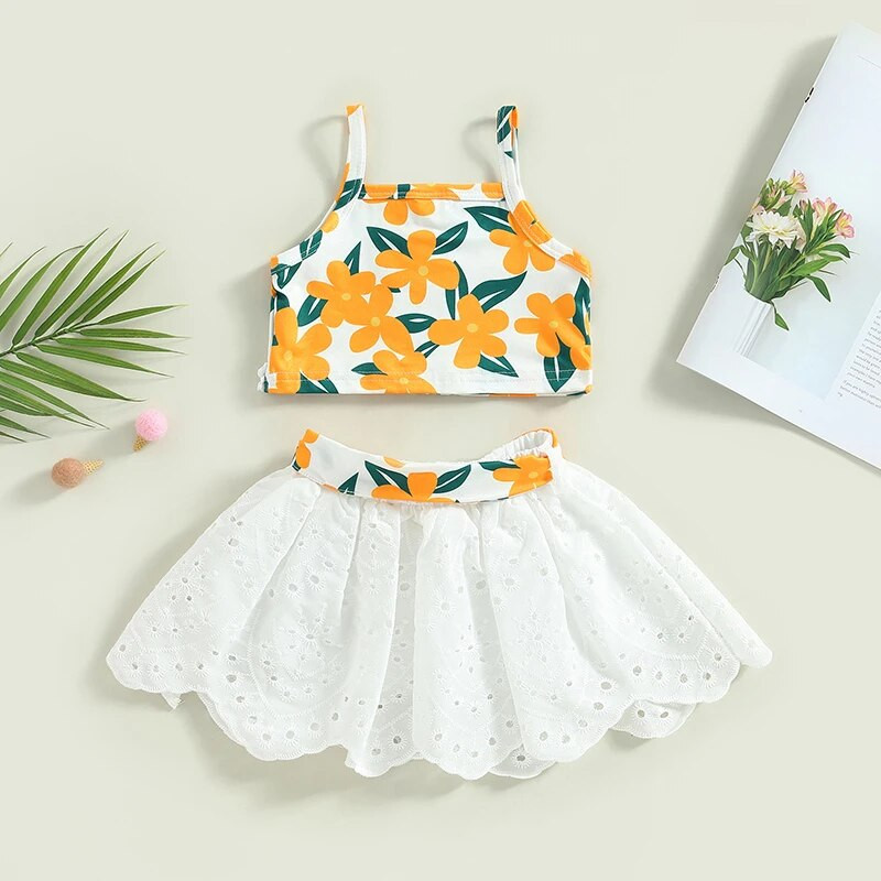 Csecsemő baba lányok ruhák ruhák virágmintás bojt pólók + öves fehér csipke szoknya öltöny kisgyermek lány nyári jelmezek