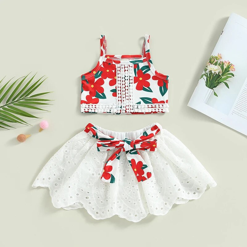 Csecsemő baba lányok ruhák ruhák virágmintás bojt pólók + öves fehér csipke szoknya öltöny kisgyermek lány nyári jelmezek