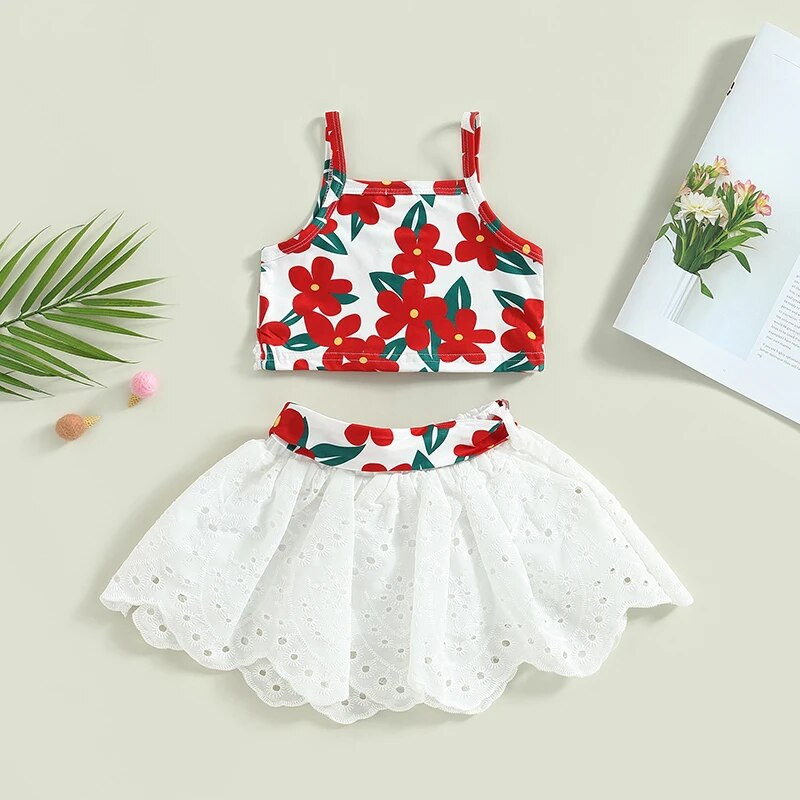 Csecsemő baba lányok ruhák ruhák virágmintás bojt pólók + öves fehér csipke szoknya öltöny kisgyermek lány nyári jelmezek