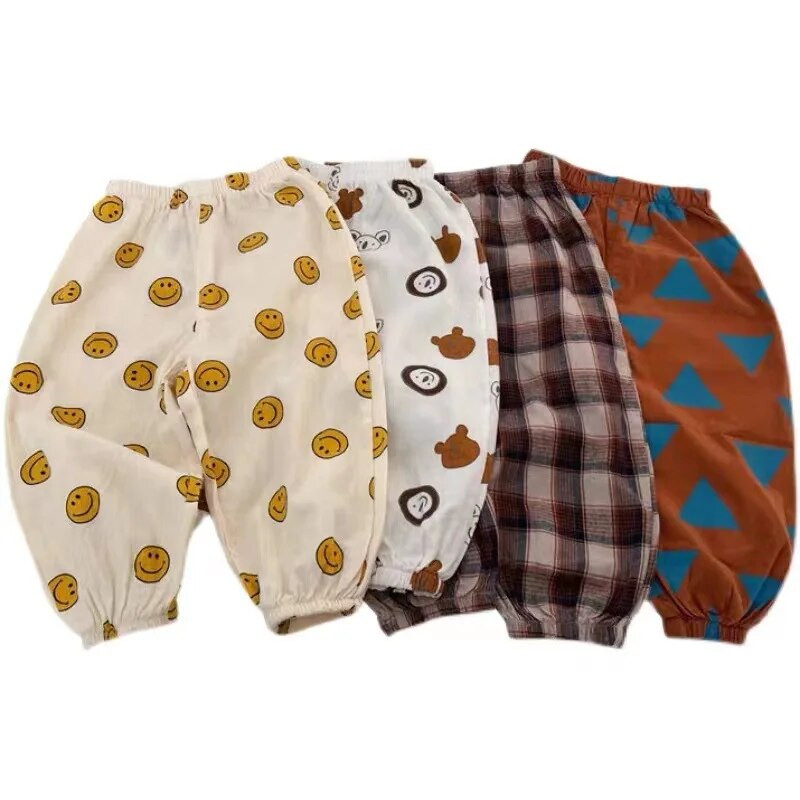 Gyerekek Nyári divat Szúnyog nadrágok Kid Cute Bear Fiúk Nadrágok Lány Kockás Bő lélegző pamut széles szárú nadrágok