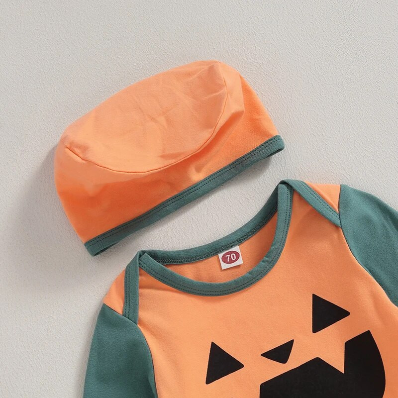 Kisfiúk Halloween Ruhák Hosszú ujjú Nyakú Nyomott Nyomott Felsők + Tökmintás melegítőnadrágok és Kalap Újszülött rajzfilm 3db