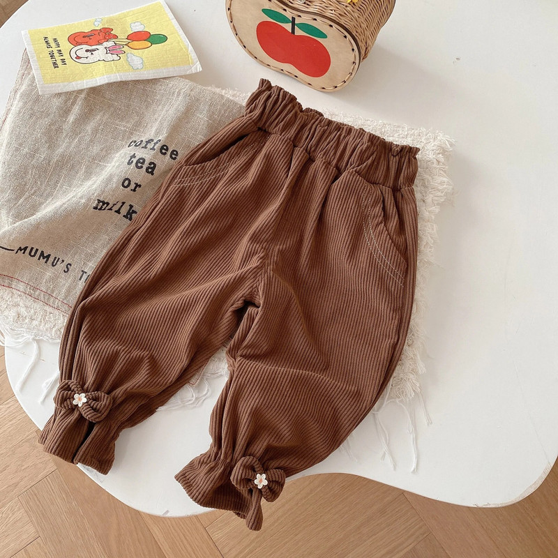 Új lány csecsemő kordbársony alkalmi nadrág őszi 0-5 éves baba masni tömör bordás egyszerű nadrágok gyerekeknek bő divatos nadrág gyerek jelmez
